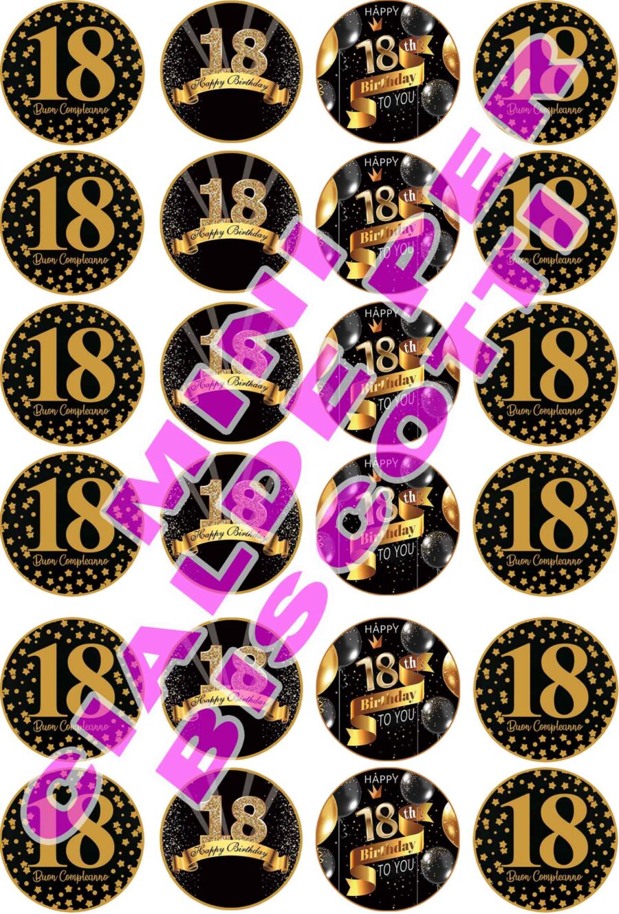 Mini cialde in ostia commestibili tonde per personalizzare biscotti e cupcakes COMPLEANNO 18 ANNI, ORO E NERO, dischetti, sagome per dolci, cup cake, biscotti, muffin, dolcetti , toppers, disco, AB