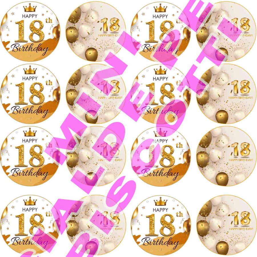 Mini cialde in ostia commestibili tonde per personalizzare biscotti e cupcakes COMPLEANNO 18 ANNI, ORO, dischetti, sagome per dolci, cup cake, biscotti, muffin, dolcetti , toppers, disco, AA