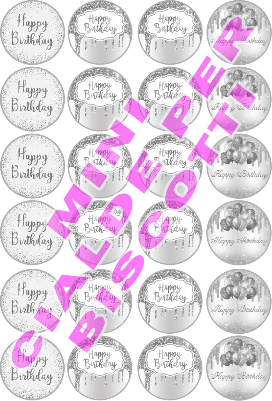 Mini cialde in ostia commestibili tonde per personalizzare biscotti e cupcakes BUON COMPLEANNO, HAPPY BIRTHDAY, ARGENTO, dischetti, sagome per dolci, cup cake, biscotti, muffin, dolcetti , toppers, disco, AD
