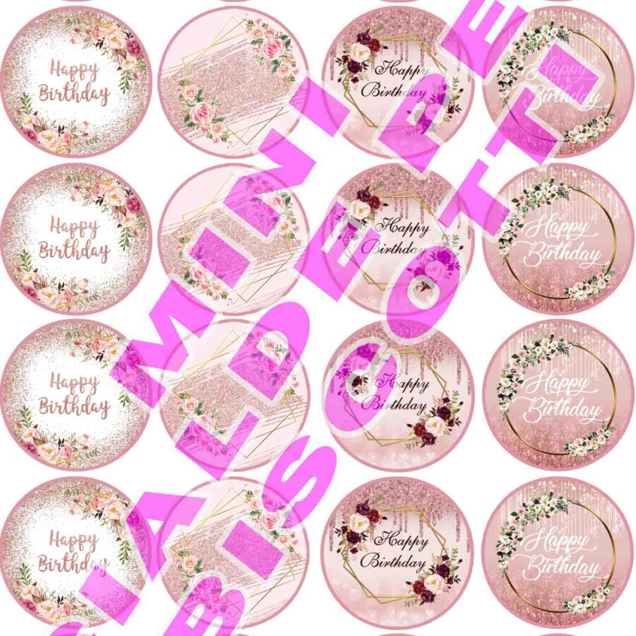 Mini cialde in ostia commestibili tonde per personalizzare biscotti e cupcakes BUON COMPLEANNO, HAPPY BIRTHDAY, ROSA GOLD, dischetti, sagome per dolci, cup cake, biscotti, muffin, dolcetti , toppers, disco, AF