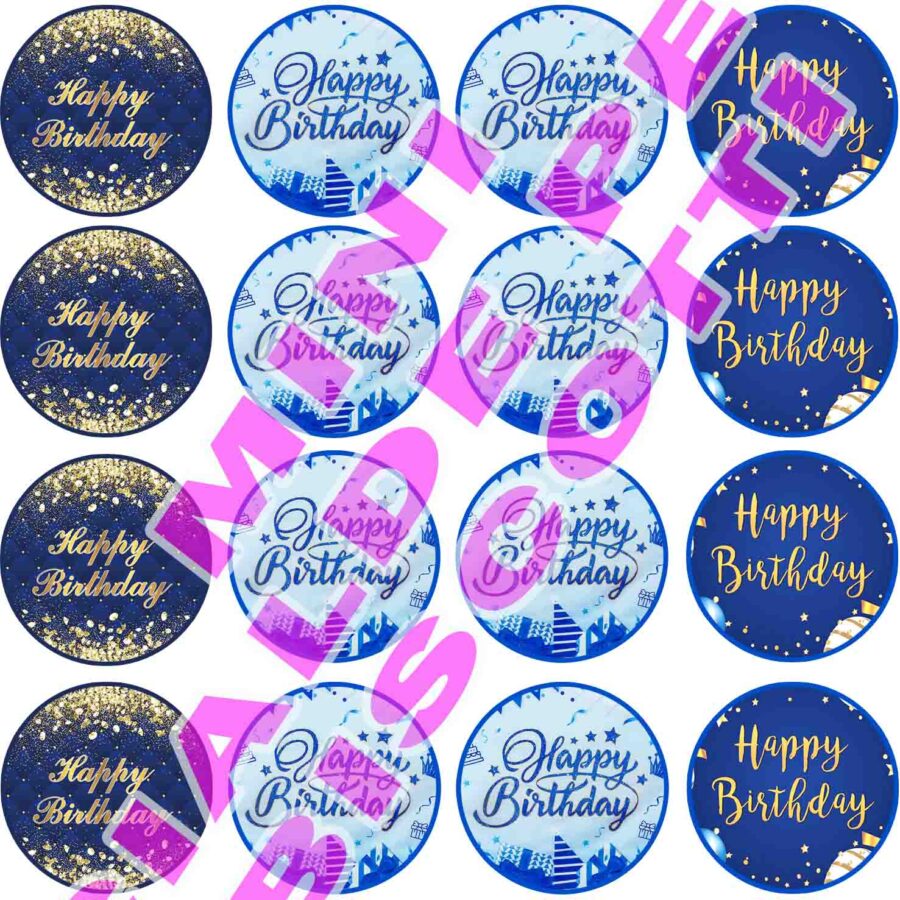Mini cialde in ostia commestibili tonde per personalizzare biscotti e cupcakes BUON COMPLEANNO, HAPPY BIRTHDAY, BLU, dischetti, sagome per dolci, cup cake, biscotti, muffin, dolcetti , toppers, disco, AG