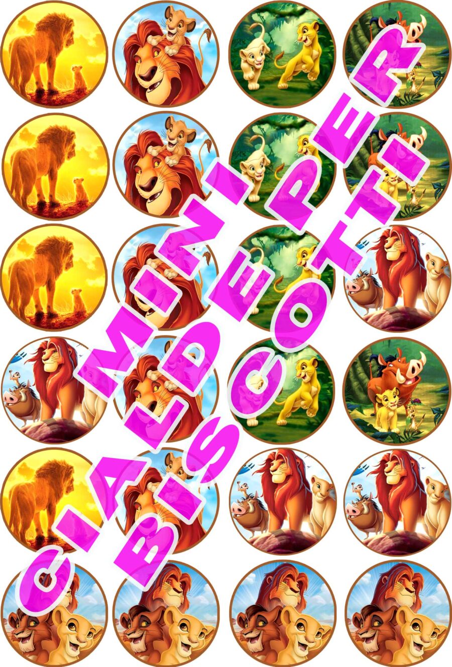 Mini cialde in ostia commestibili tonde per personalizzare biscotti e cupcakes SIMBA RE LEONE, DISNEY, dischetti, sagome per dolci, cup cake, biscotti, muffin, dolcetti , toppers, disco, AA