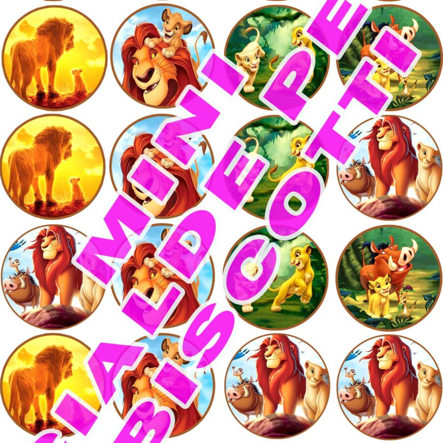 Mini cialde in ostia commestibili tonde per personalizzare biscotti e cupcakes SIMBA RE LEONE, DISNEY, dischetti, sagome per dolci, cup cake, biscotti, muffin, dolcetti , toppers, disco, AA