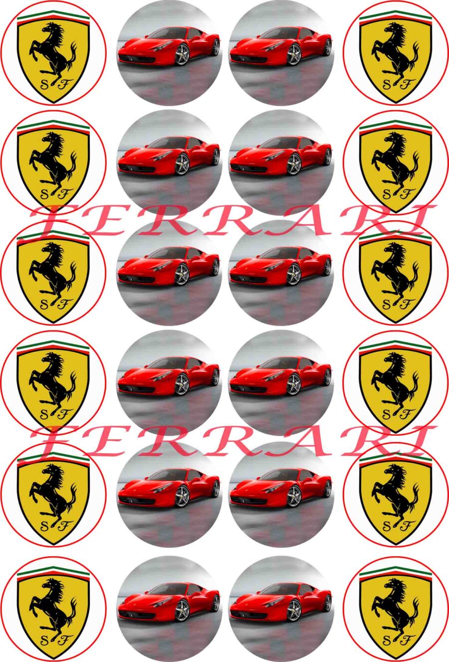 Mini cialde in ostia commestibili tonde per personalizzare biscotti e cupcakes AUTO FERRARI, dischetti, sagome per dolci, cup cake, biscotti, muffin, dolcetti , toppers, disco, AC