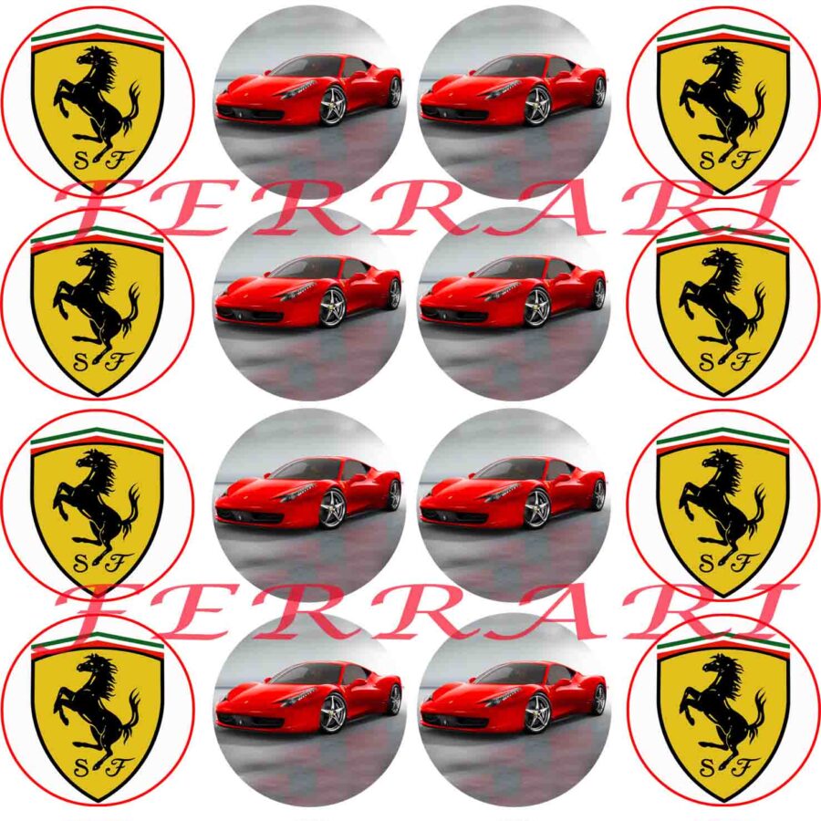 Mini cialde in ostia commestibili tonde per personalizzare biscotti e cupcakes AUTO FERRARI, dischetti, sagome per dolci, cup cake, biscotti, muffin, dolcetti , toppers, disco, AC