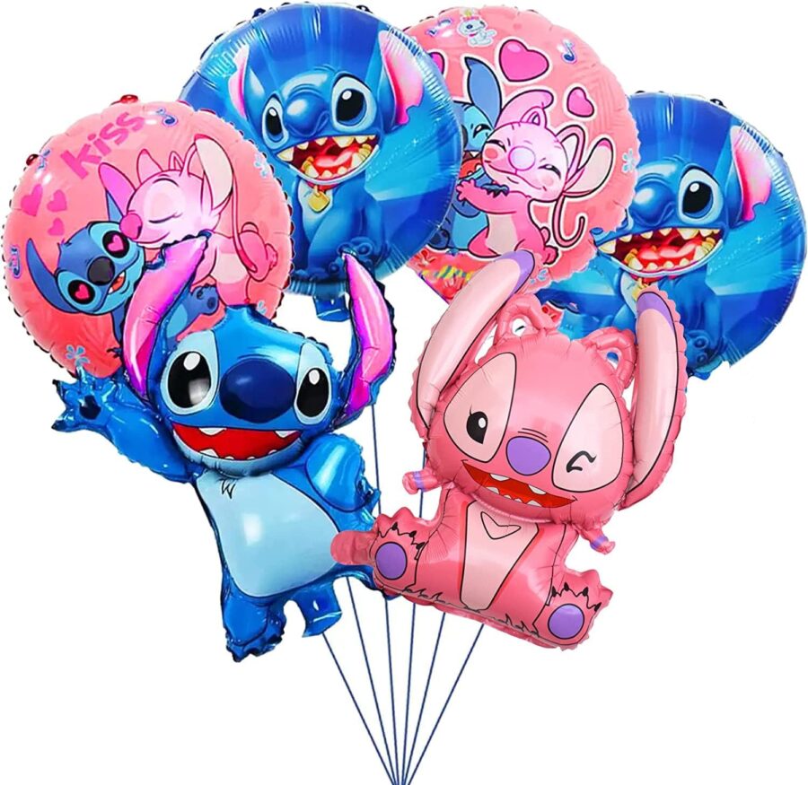 Sei palloncini in mylar foil tema Lilo e Stitch per feste compleanno rosa e celesti - immagine 2